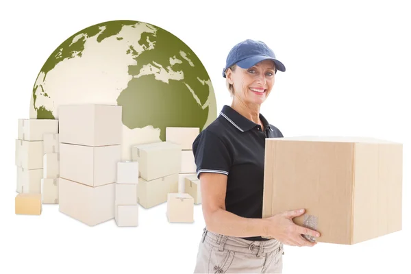 Delivery woman holding cardboard box — Stock Photo, Image