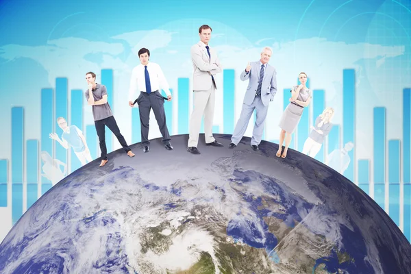 People standing on earth against global business — Stockfoto