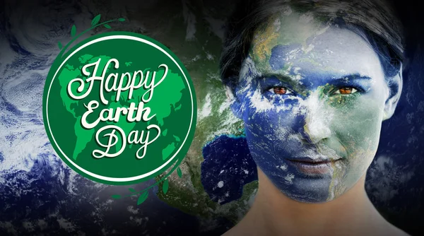 Earth day graphic against earth overlay on face — 스톡 사진