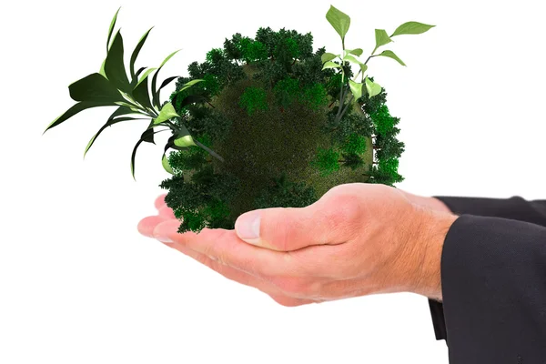 Businessman presenting plants on planet — Stock Photo, Image