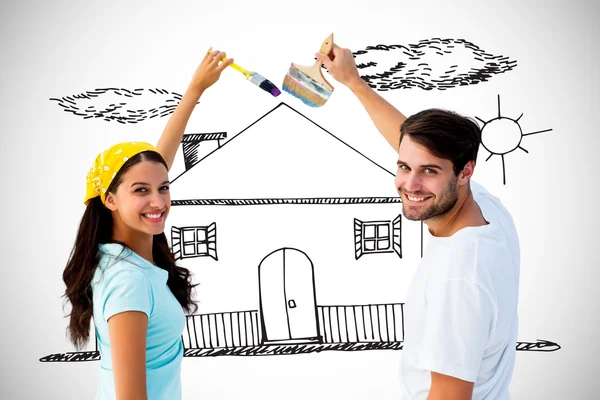 Happy casual man giving pretty girlfriend pig — Stock Photo, Image