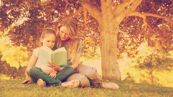 Mãe e filha lendo um livro no parque — Fotografia de Stock