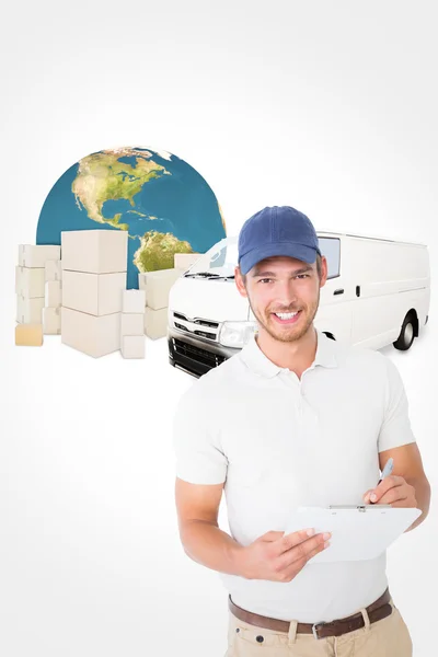 Happy delivery man holding clipboard — Stock Photo, Image