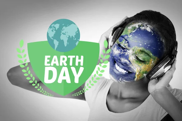 Earth day graphic against earth overlay on face — Stok fotoğraf