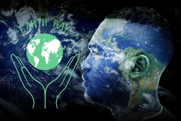 Earth day graphic against earth overlay on face — Zdjęcie stockowe