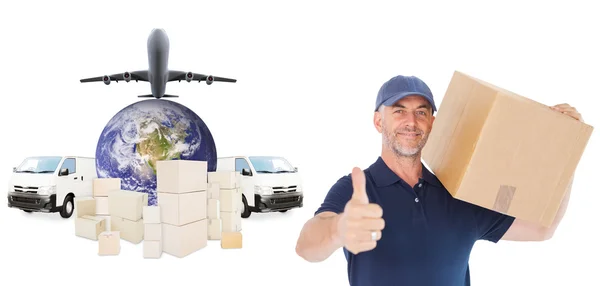 Composite image of happy delivery man holding cardboard box show — Stock Fotó