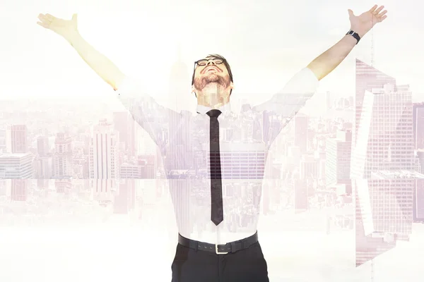 Cheering businessman with his arms raised up — Stock Photo, Image