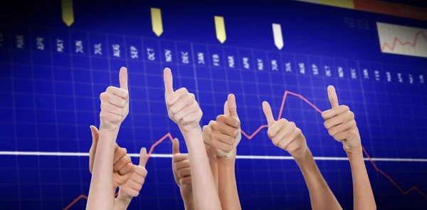 Composite image of thumbs raised and hands up — Stock Photo, Image