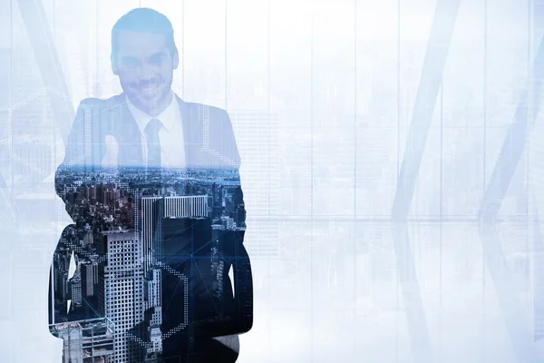 Smiling businessman on an chair office offering — Stock Fotó