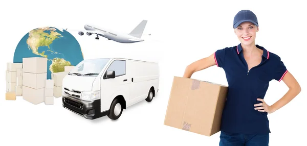 Composite image of happy delivery woman holding cardboard box — Stock Photo, Image