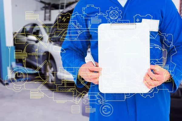 Composite image of male mechanic holding clipboard — ストック写真