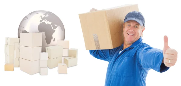 Composite image of happy delivery man holding cardboard box — Stock Photo, Image