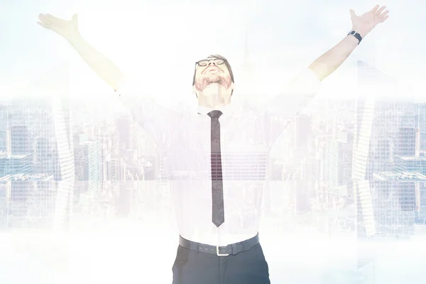 Cheering businessman with his arms raised up — Stock Photo, Image
