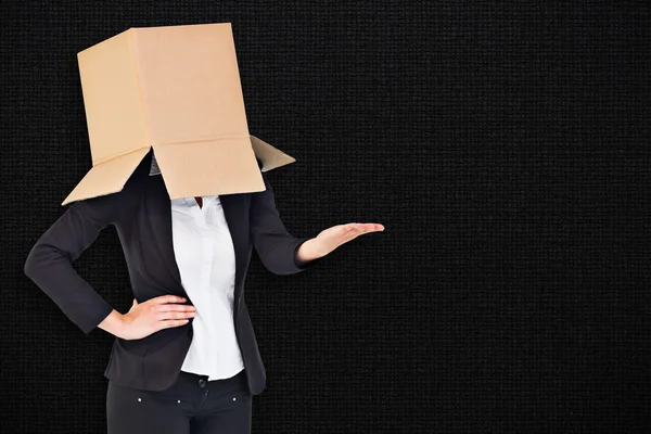 Composite image of businesswoman showing thumbs up with box over — Stock Photo, Image