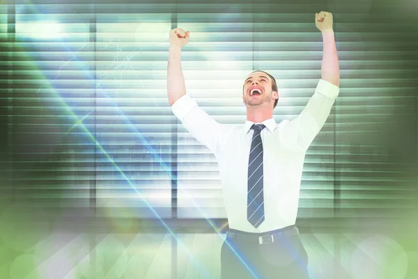 Handsome businessman cheering with arms up — Stock Photo, Image