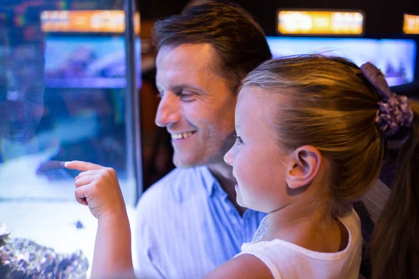 Daughter and father looking at fish in tank — Stock Photo, Image