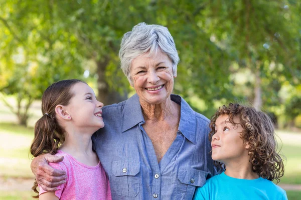 Extended family smiling and kissing in a park — Stockfoto