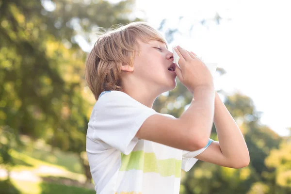 Kleiner Junge pustet sich die Nase — Stockfoto