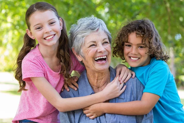 Extended family smiling and kissing in a park — Stok fotoğraf