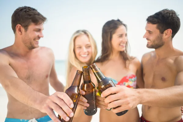 Friends in swimsuits drinking beer at beach Stock Image