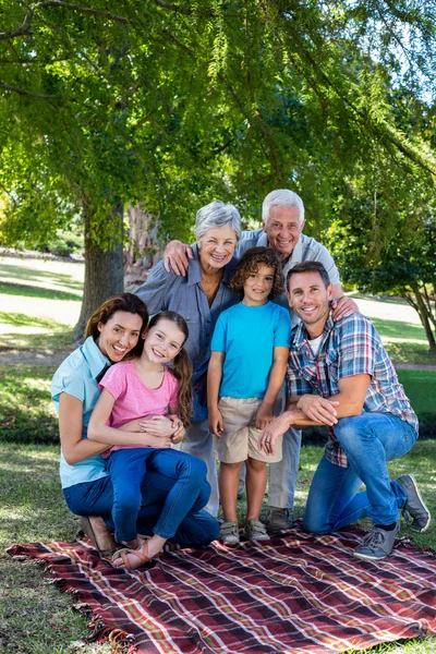 Uitgebreide familie glimlachend in het park — Stockfoto