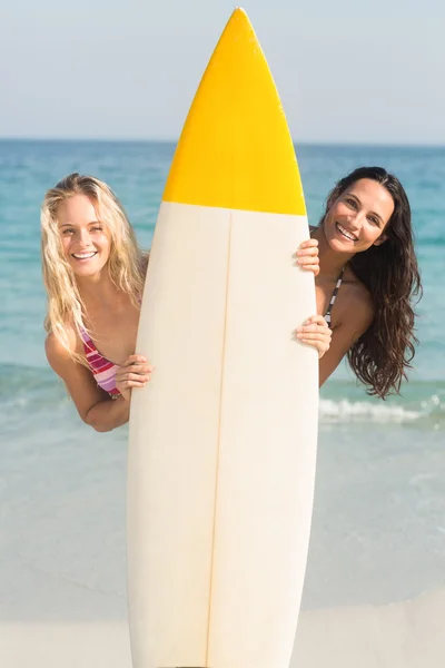 Friends with surfboard at beach — Stok fotoğraf