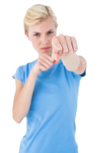 Stern blonde woman pointing with finger — Stock Photo, Image