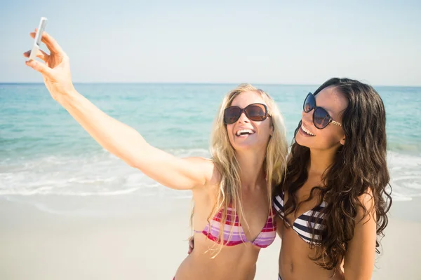 Amici in costume da bagno prendendo selfie in spiaggia — Foto Stock