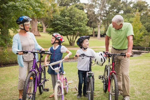 Gelukkig grootouders met hun kleinkinderen op hun fiets — Stockfoto