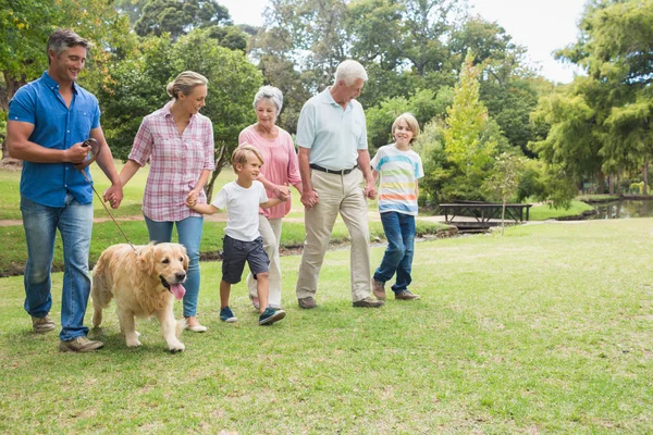 Familia feliz en el parque con su perro — Foto de Stock