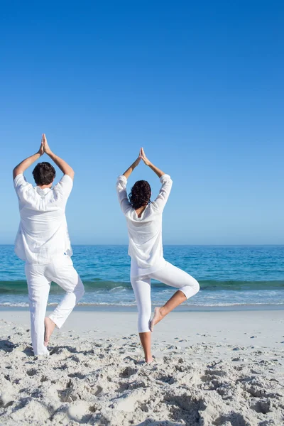 Pareja feliz haciendo yoga al lado del agua —  Fotos de Stock