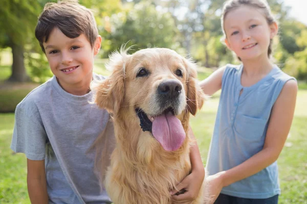 Smiling sibling with their dog in the park Stock Photo