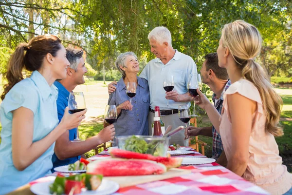 Senioren stoßen mit Familie an — Stockfoto