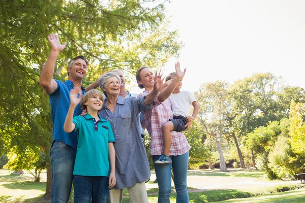 Happy family waving hands in the park — Stock Photo, Image