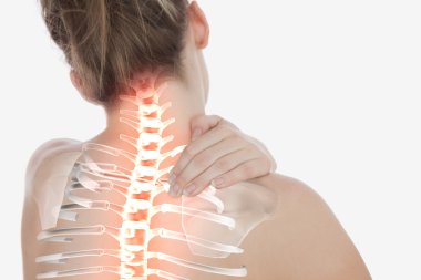 Highlighted spine of woman with neck pain clipart