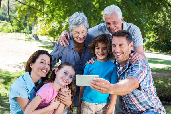 Famiglia allargata che si fa un selfie nel parco — Foto Stock