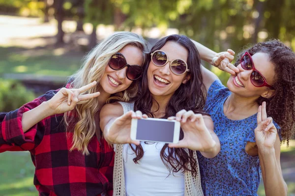 幸せな公園で、selfie を取っての流行に敏感な — ストック写真