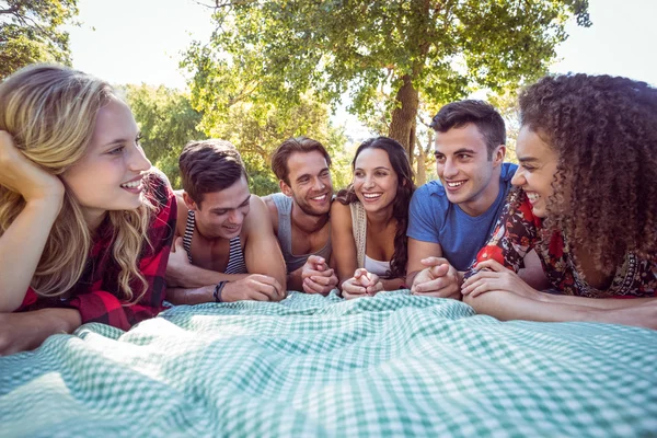 Amigos felizes no parque fazendo piquenique — Fotografia de Stock