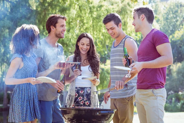 Happy friends in the park having barbecue — Stock Photo, Image