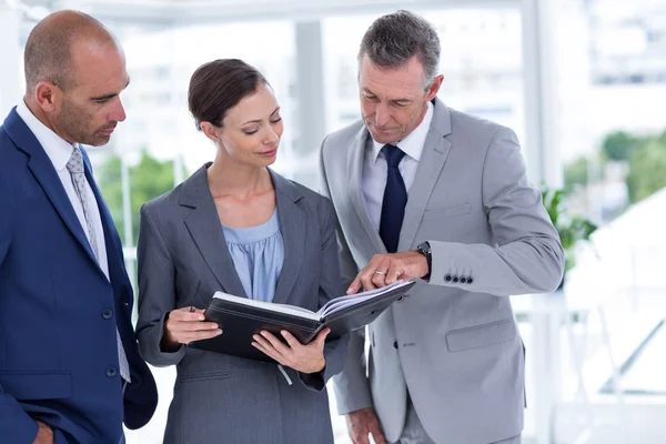 Businesswoman showing her notes to colleagues — Stock Photo, Image