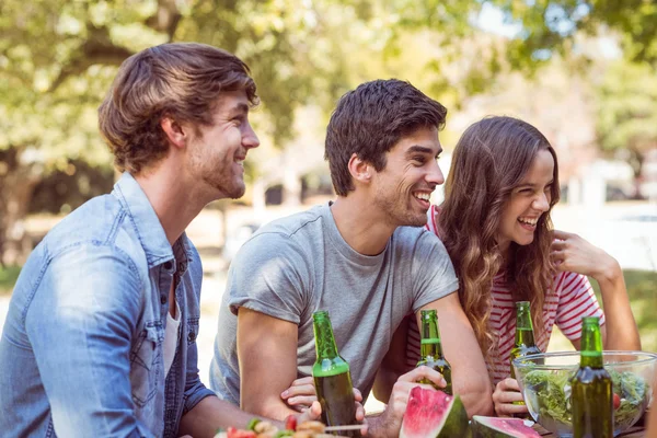 Des amis heureux dans le parc déjeunent — Photo