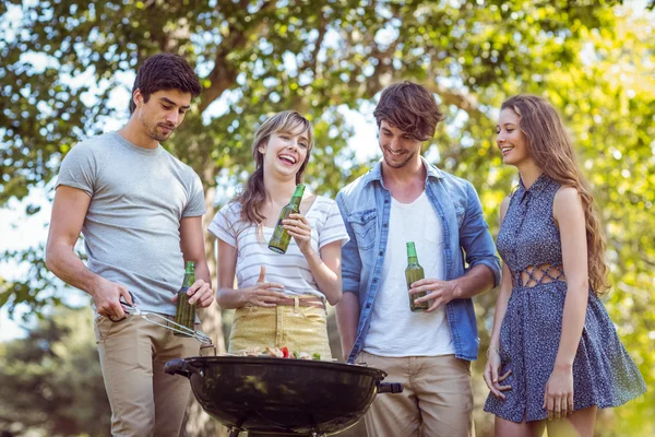 Happy friends in the park having barbecue — Stock Photo, Image