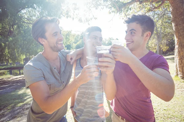 Happy vrienden in het park hebben bieren — Stockfoto