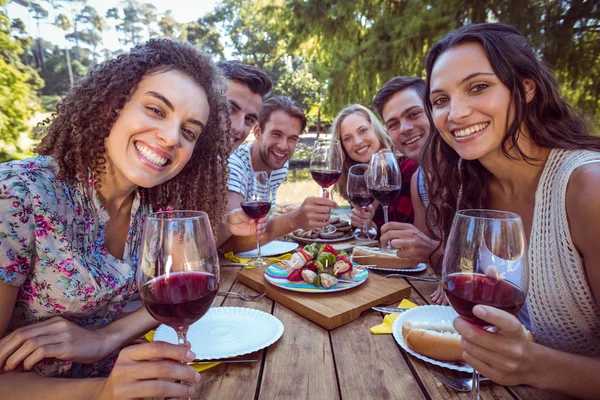 Счастливые друзья в парке обедают — стоковое фото