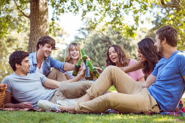 Amici felici nel parco a fare picnic — Foto Stock