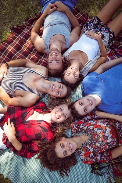 Amigos felices en el parque haciendo picnic — Foto de Stock