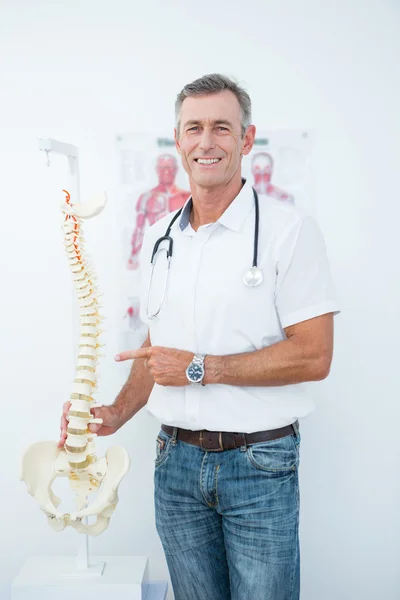 Leende läkare visar anatomiska ryggraden — Stockfoto