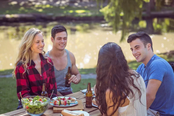 Glückliche Freunde im Park beim Mittagessen — Stockfoto