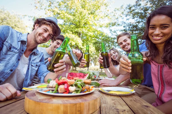 Happy vrienden in het park met picknick — Stockfoto