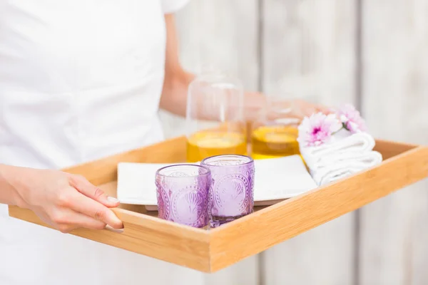 Woman wear a tray — Stock Photo, Image